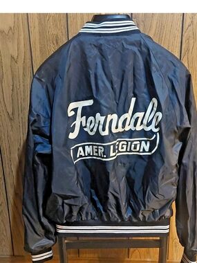 American Legion Navy Script Bomber Jacket Vintage 80s Baseball Champs 1983 Mich